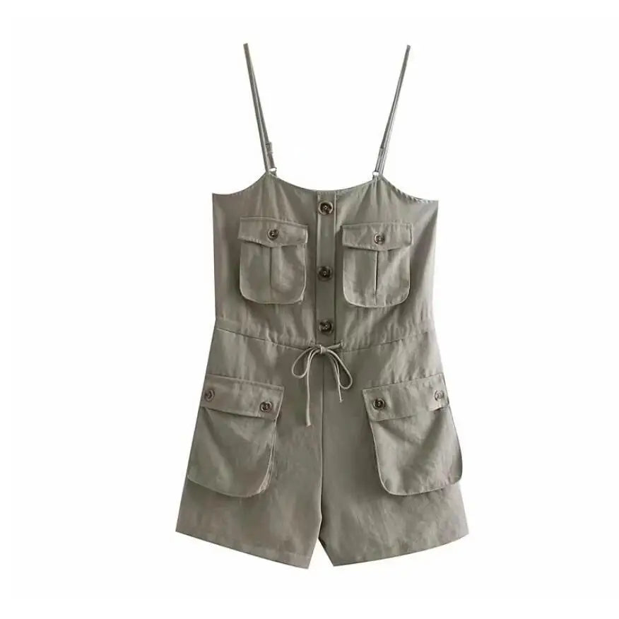 2026 Safari Style Spaghetti Strap Jumpsuit Women Open Button Lacing up Bow Waist Short Pants Romper Cotton Linen Playsuits