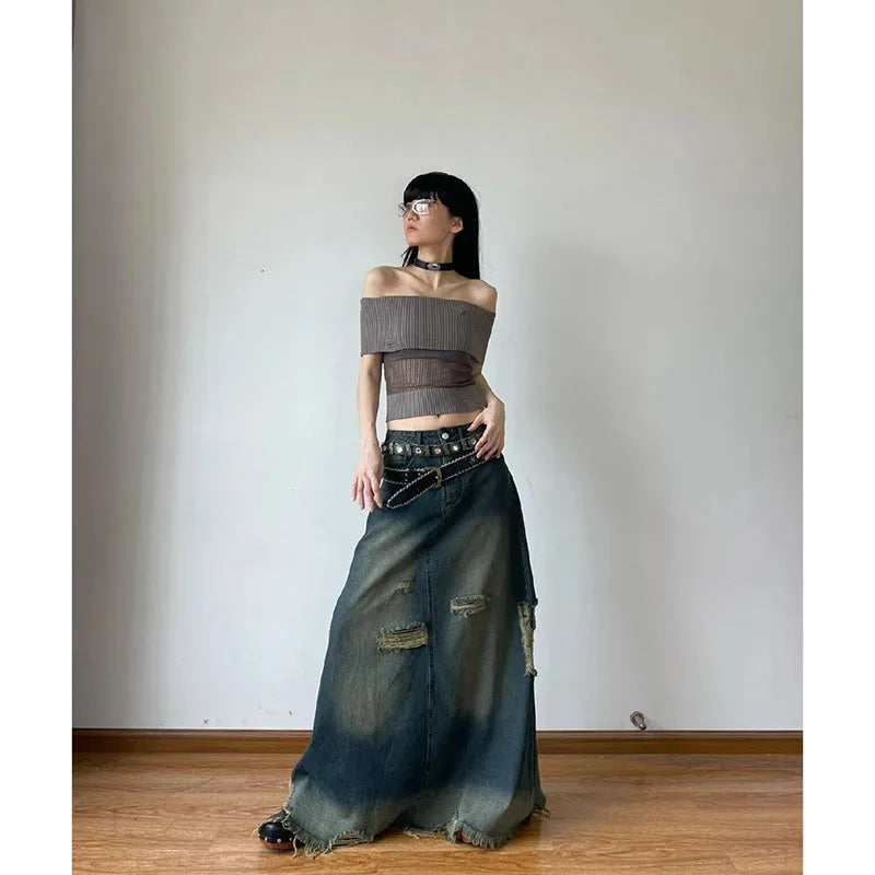Women Denim Skirt Y2k Emo 2000s Clothes Long Skirt Harajuku Korean 90s Fashion Vintage Gradient A-line Jean Skirt Grunge Clothes