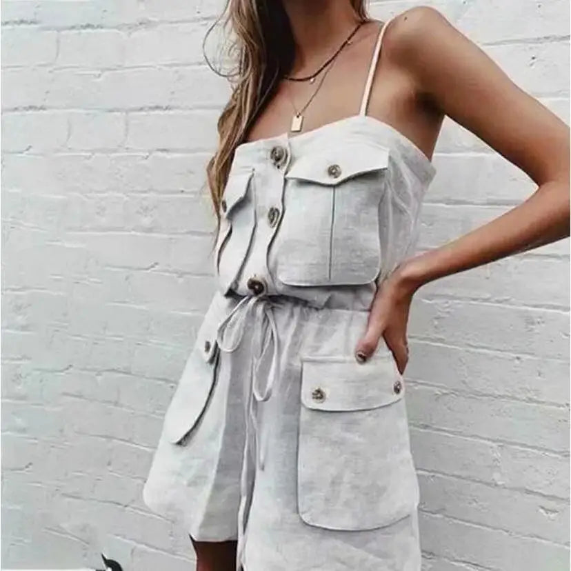 2026 Safari Style Spaghetti Strap Jumpsuit Women Open Button Lacing up Bow Waist Short Pants Romper Cotton Linen Playsuits