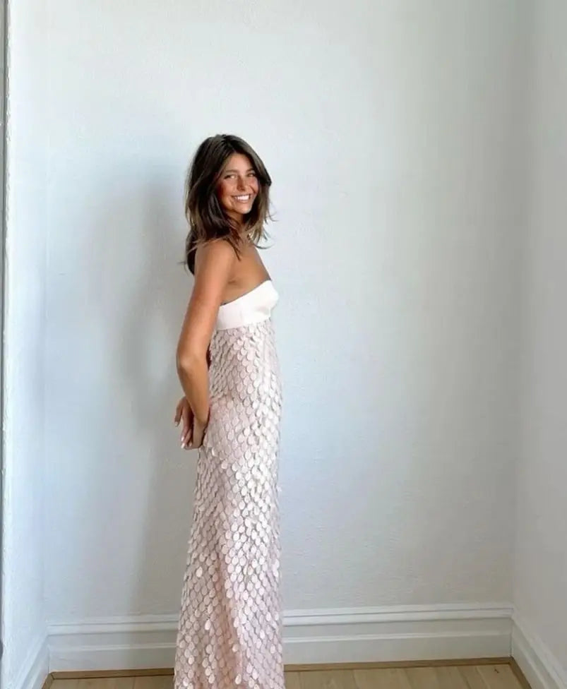 VEITCHE Sexy Off Shoulder Strapless Women Long Dresses Patchwork  Fish Scales Party Dresses 2025 Summer Lady Slim Vacation Dress