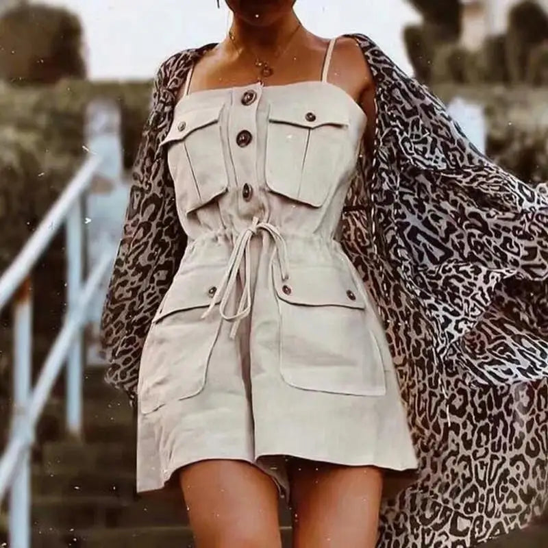 2026 Safari Style Spaghetti Strap Jumpsuit Women Open Button Lacing up Bow Waist Short Pants Romper Cotton Linen Playsuits