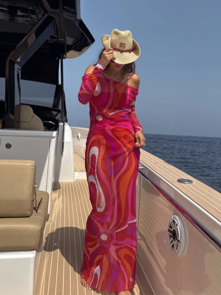 2025 New Fashion Print Beach Long Dress Summer Women Spaghetti Strap Dress Long Sleeve O-Neck Dresses Summer New Lady Robes